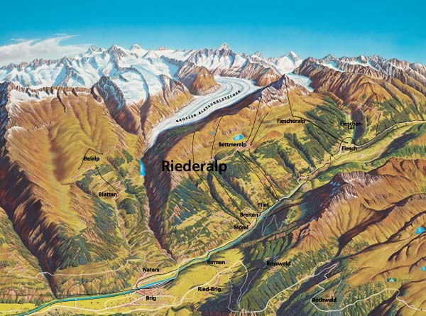 Reliefkarte des Aletschgebietes mit dem Rhonetal zwischen Brig und Fiesch
